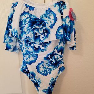 lady's blue floral one piece bathing suit